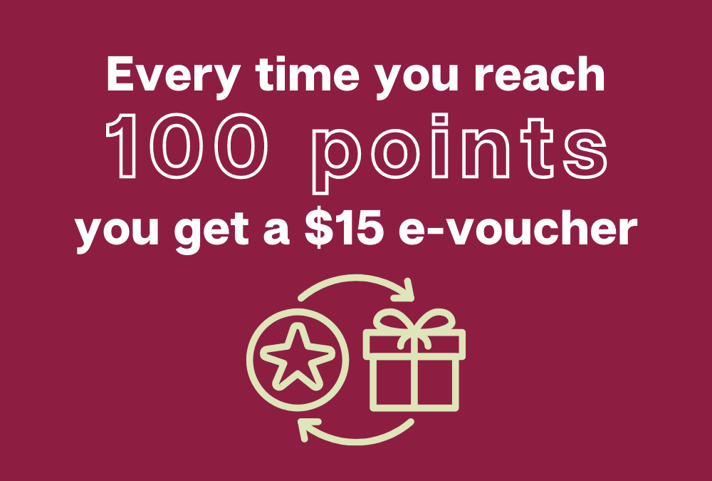 Every time you reach 100 points you get a $15 e-voucher