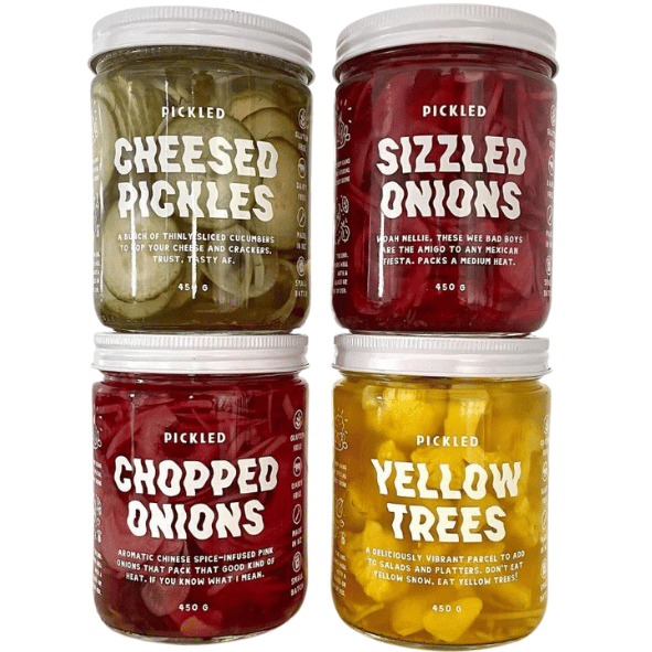 Pickled products including cheesed pickles, sizzled onions, chopped onions, yellow trees